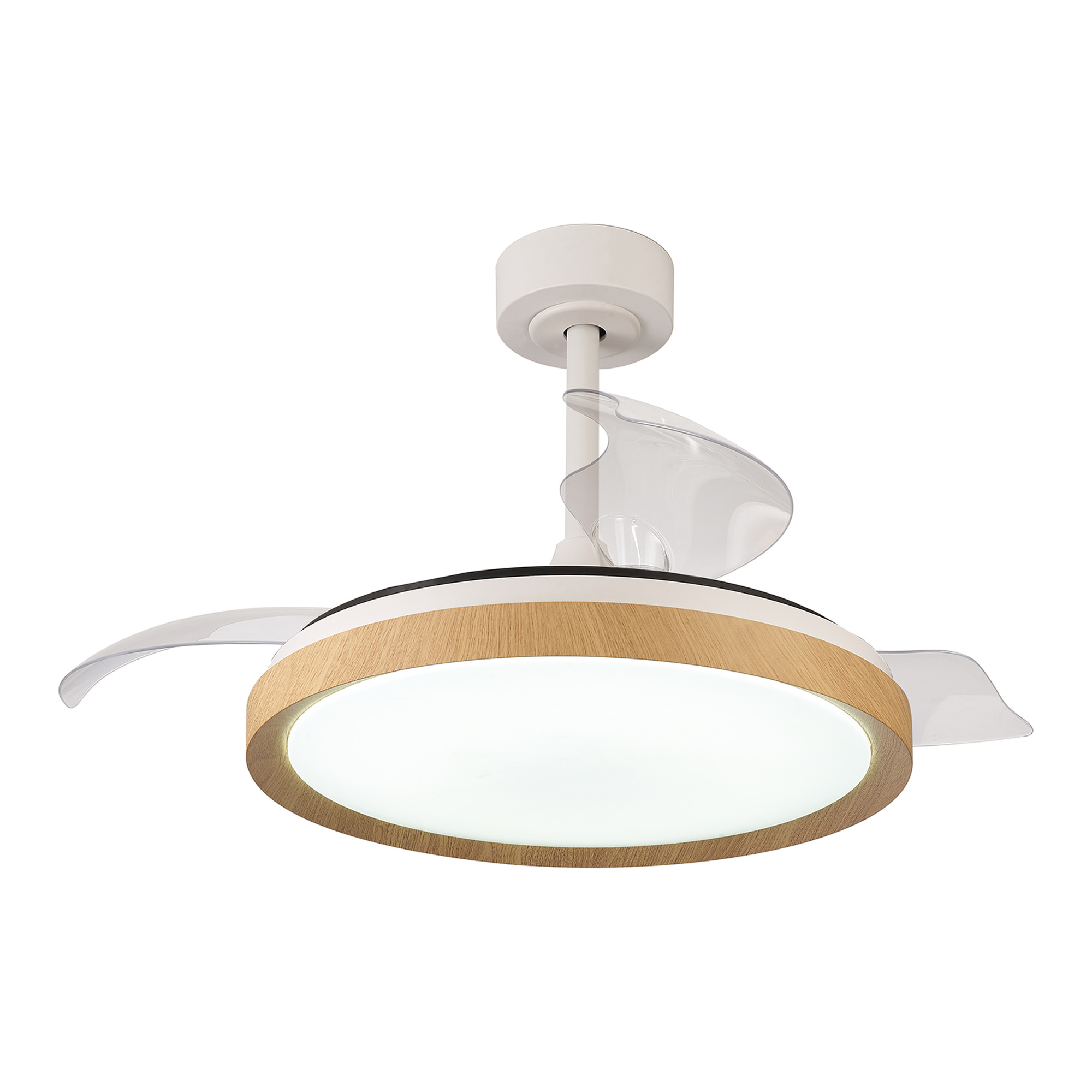 M8827  Mistral 50W LED Dimmable Ceiling Light With Built-In 28W DC Fan, 2700-5000K Remote Control, Wood